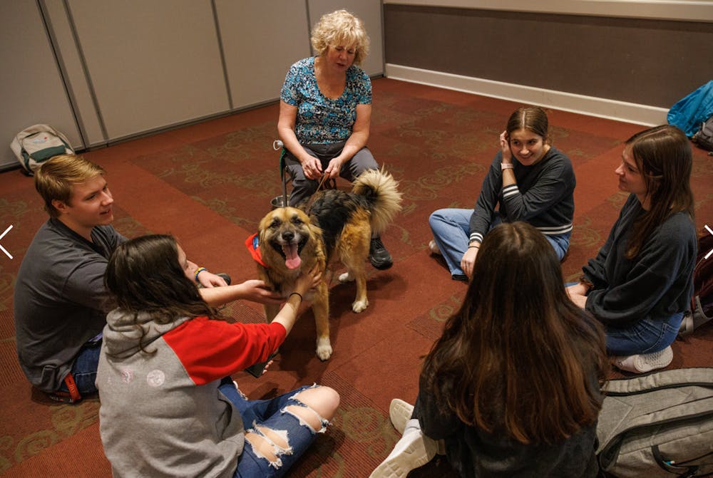 Dog therapy relieves the stress of students and maybe also the dogs, like this one named Luke Skywalker, who gets to enjoy pets.