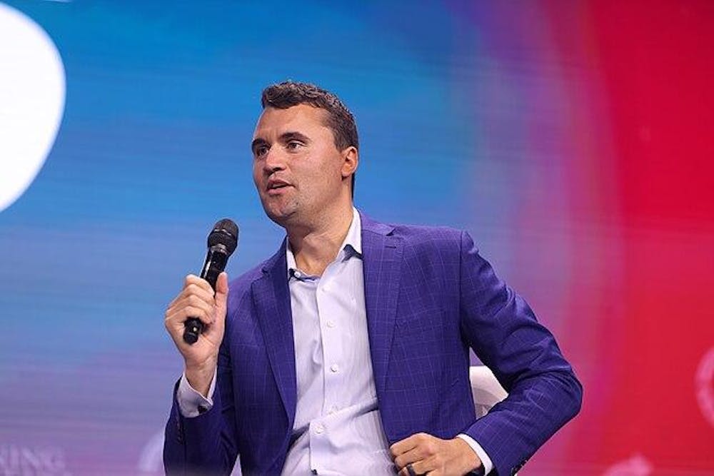 Charlie Kirk speaking with attendees at the 2025 Student Action Summit at the Tampa Convention Center in Tampa, Florida.