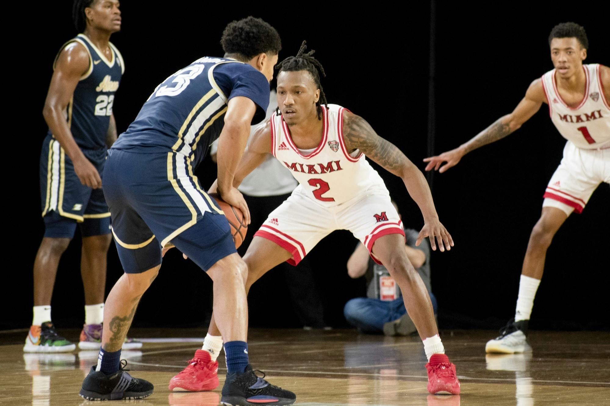 Senior guard Mekhi Lairy guards Akron&#x27;s Xavier Castaneda during Miami&#x27;s Feb. 6 loss to Akron.