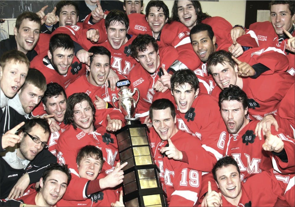 Miami’s hockey team celebrates Friday night after beating Bowling Green State University 3-2 and becoming CCHA regular season champions. The ’Hawks won Saturday’s contest 10-2.