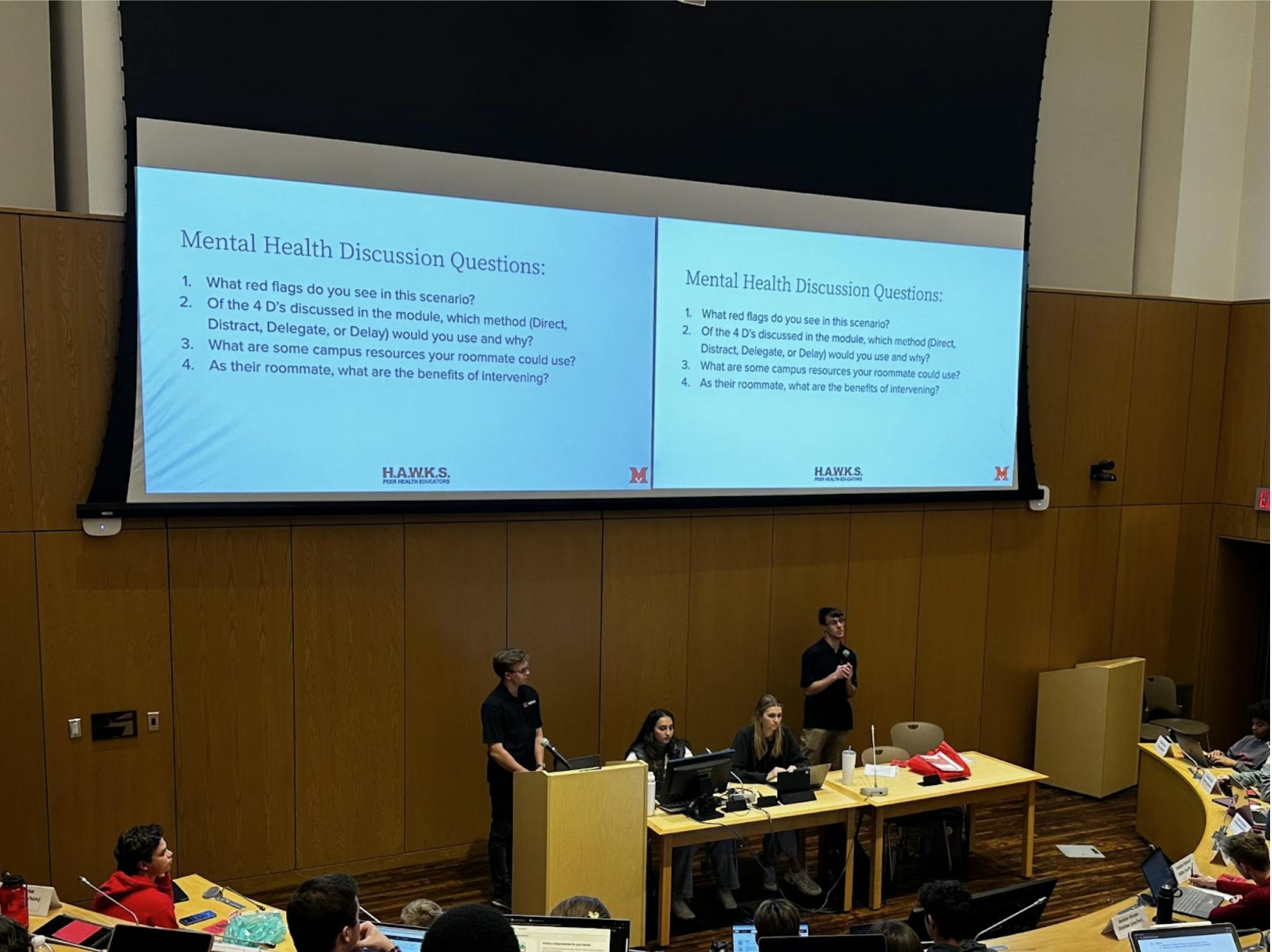 HAWKS Peer Health Educators Aidan Schacht and Mark Rick lead ASG in Bystander Intervention Training.