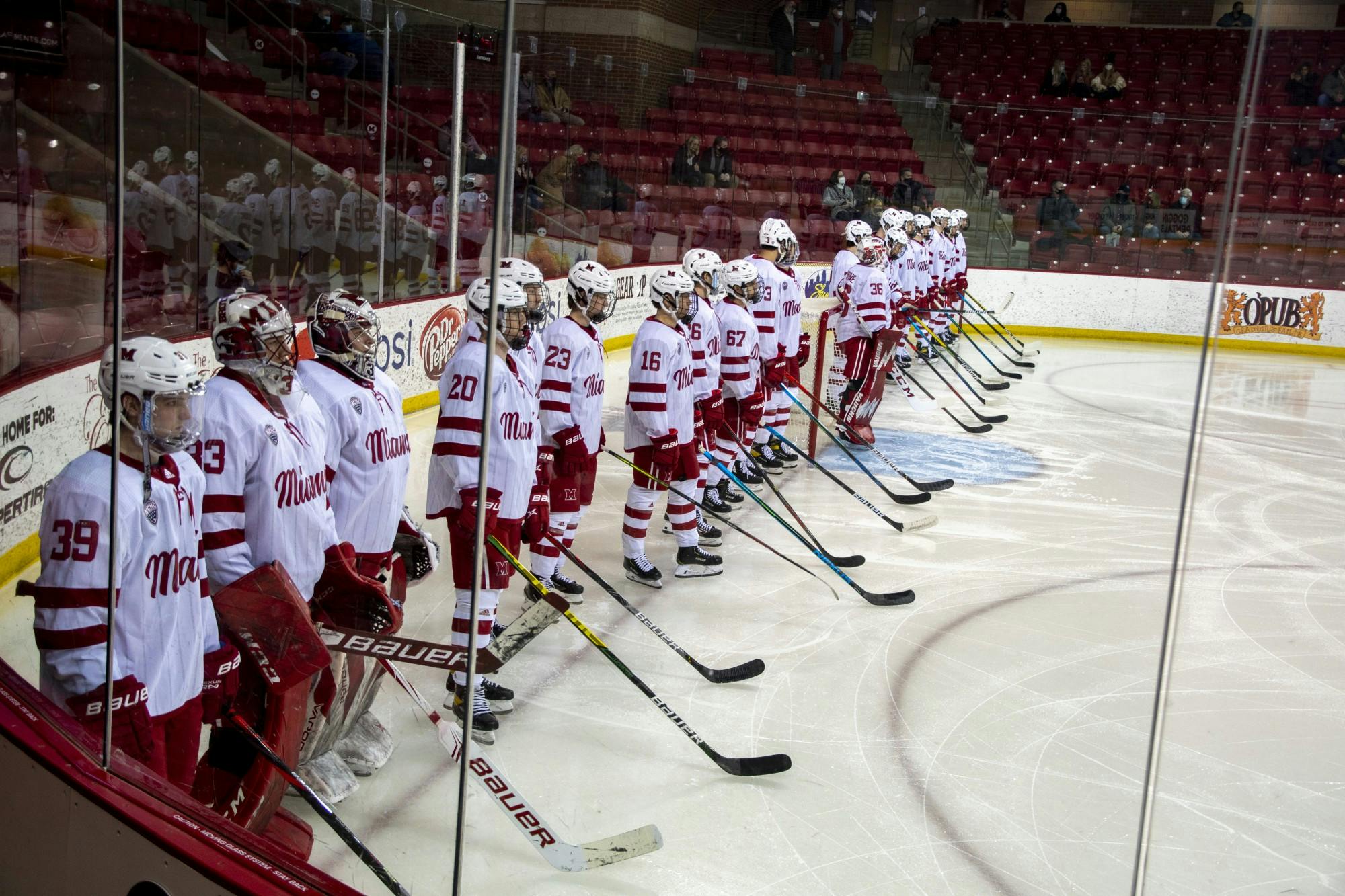 Miami players line up on the red goal line before a 2021 contest vs. St. Cloud State.
