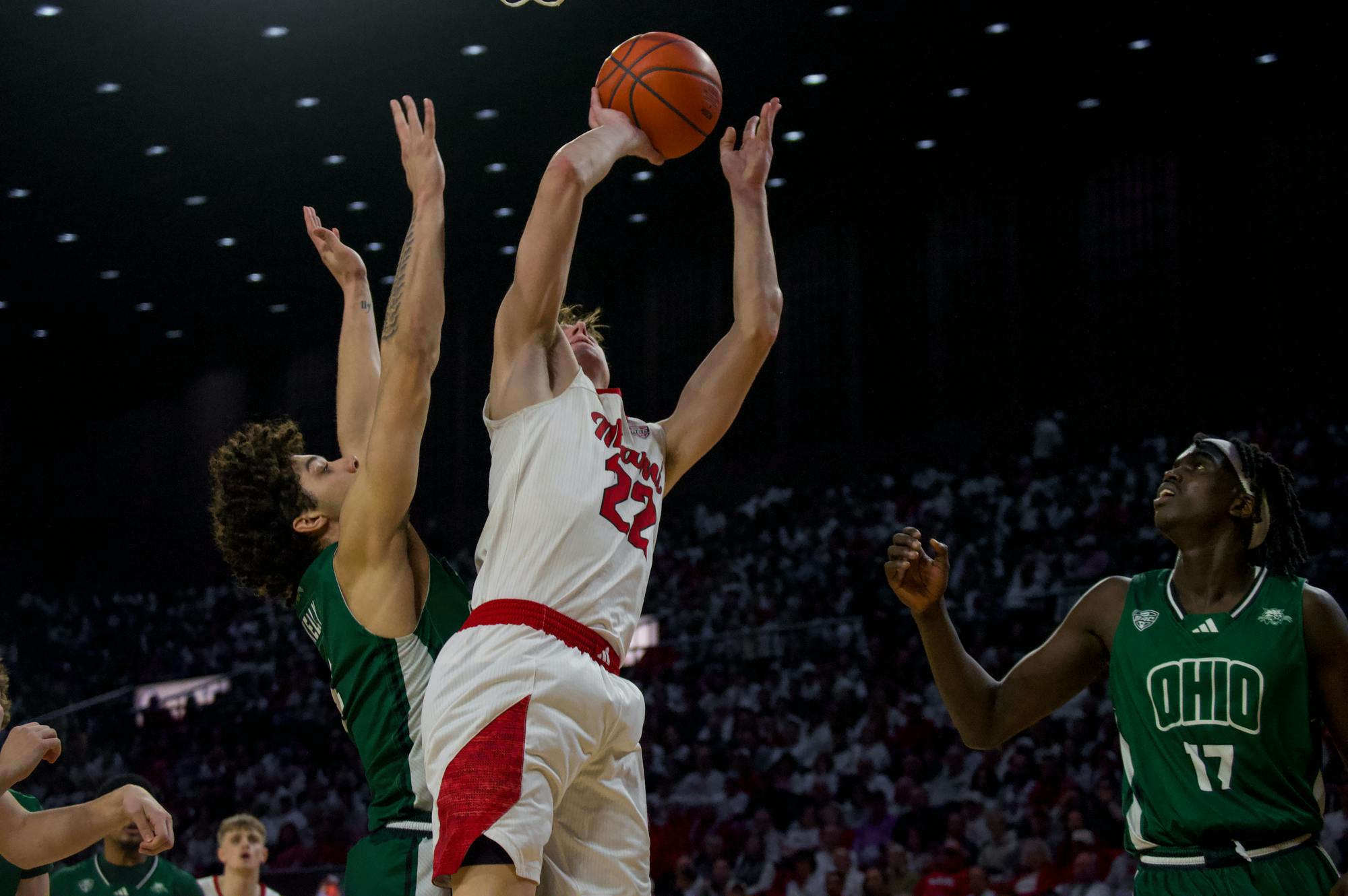 Redshirt sophomore wing Brant Byers goes for the rim at Millett Hall against Ohio University on Feb. 13