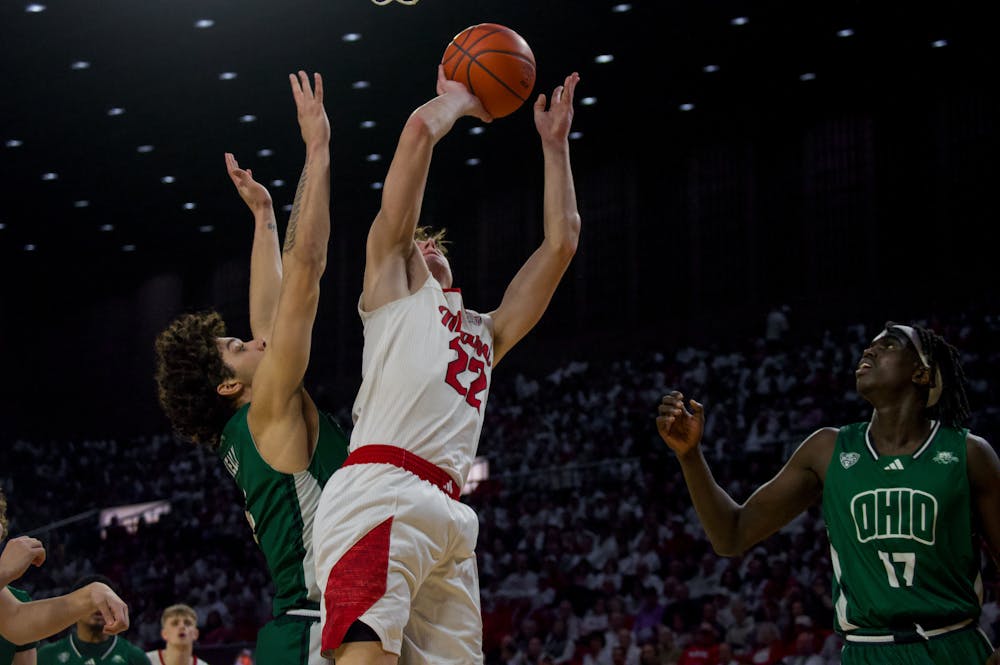 Redshirt sophomore wing Brant Byers goes for the rim at Millett Hall against Ohio University on Feb. 13