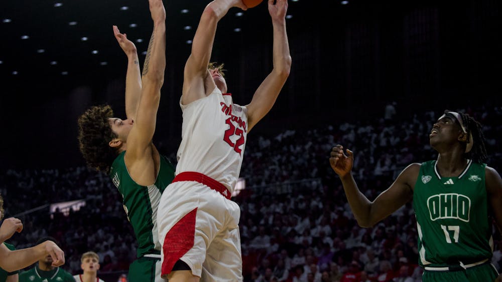 Redshirt sophomore wing Brant Byers goes for the rim at Millett Hall against Ohio University on Feb. 13
