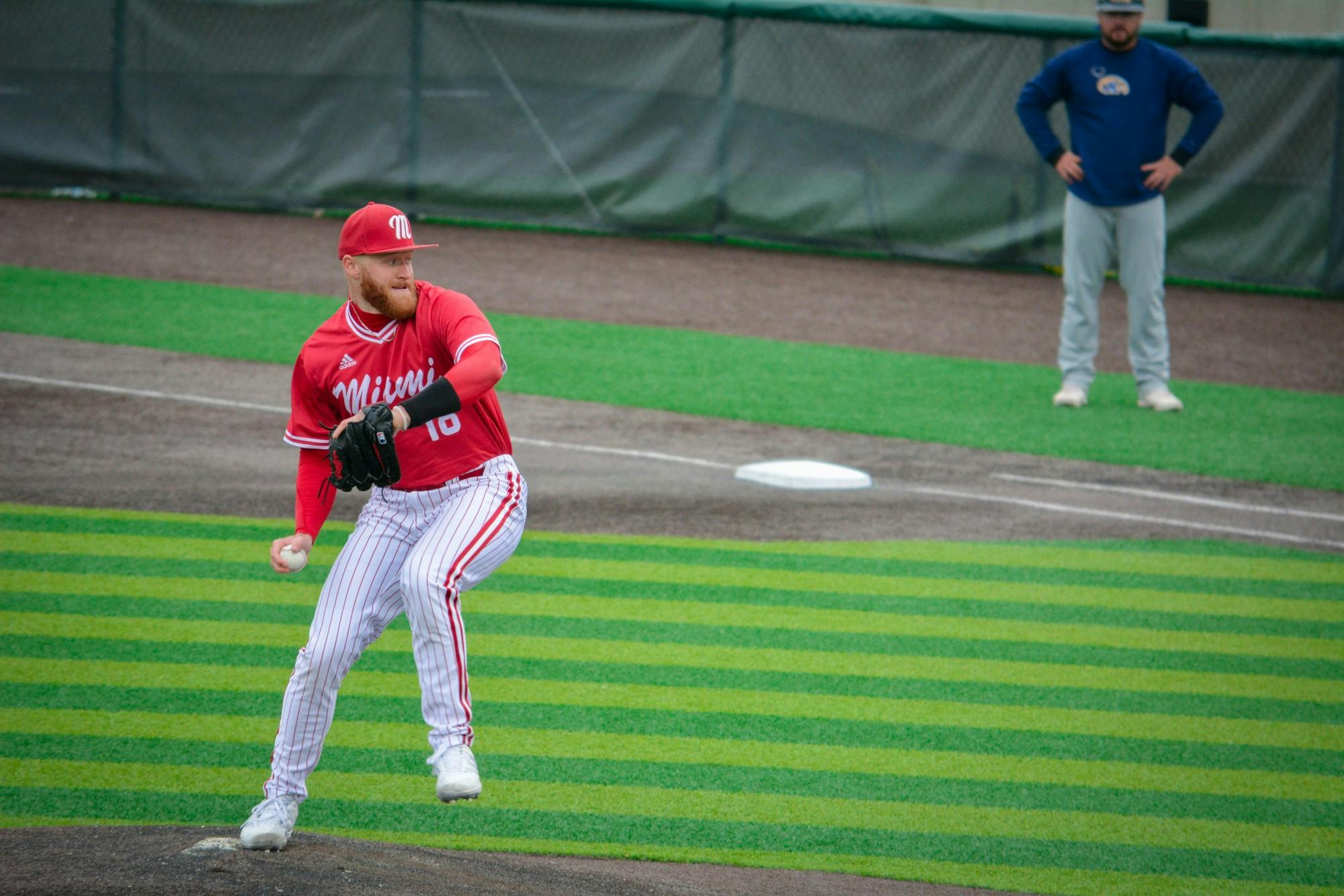 Pitcher Sam Bachman will likely hear his named called in the first round of Sunday night&#x27;s Major League Baseball (MLB) Draft. The righty hopes to contribute right away in the MLB. Courtesy of Miami Athletics