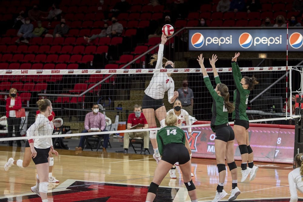 Freshman middle hitter Abby Stratford spikes the ball during last weekend&#x27;s series against Ohio 