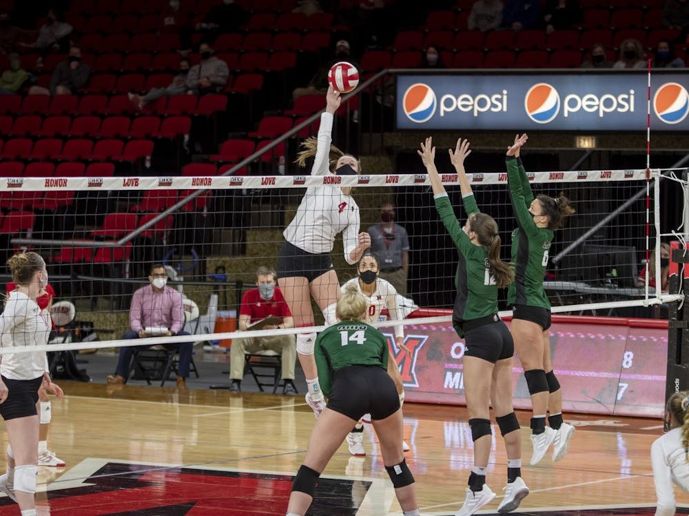 Freshman middle hitter Abby Stratford spikes the ball during last weekend's series against Ohio