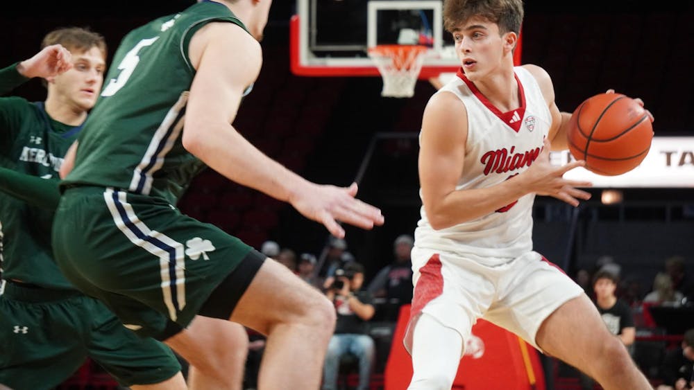 Sophomore guard Luke Skaljac holds the ball against Mercyhurst at Millett Hall on Nov. 20