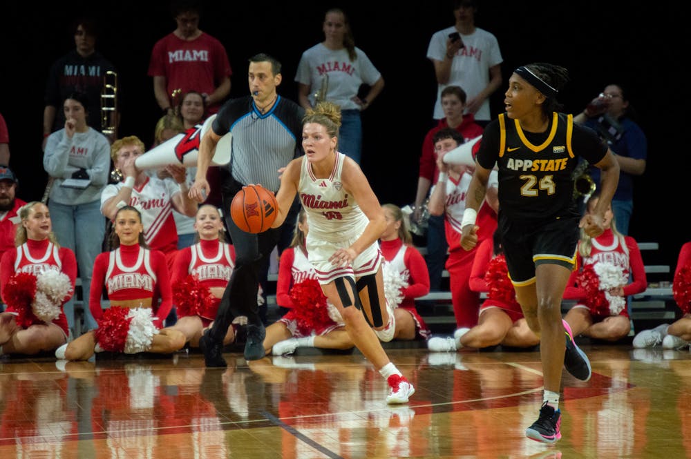 Graduate student guard Maya Chandler dribbling at Millett Hall against Appalachian State on Nov. 4