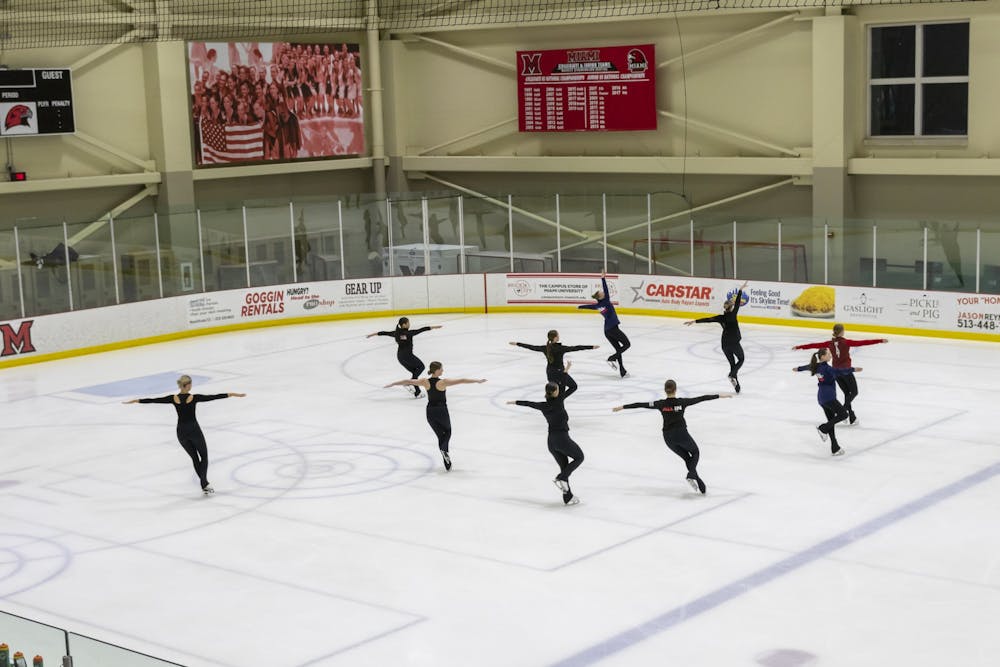<p>The senior synchronized skating team practices a program at Goggin Center</p>