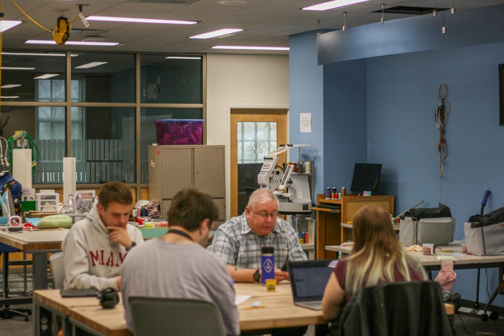 Students using the Makerspace in King Library for creative projects.