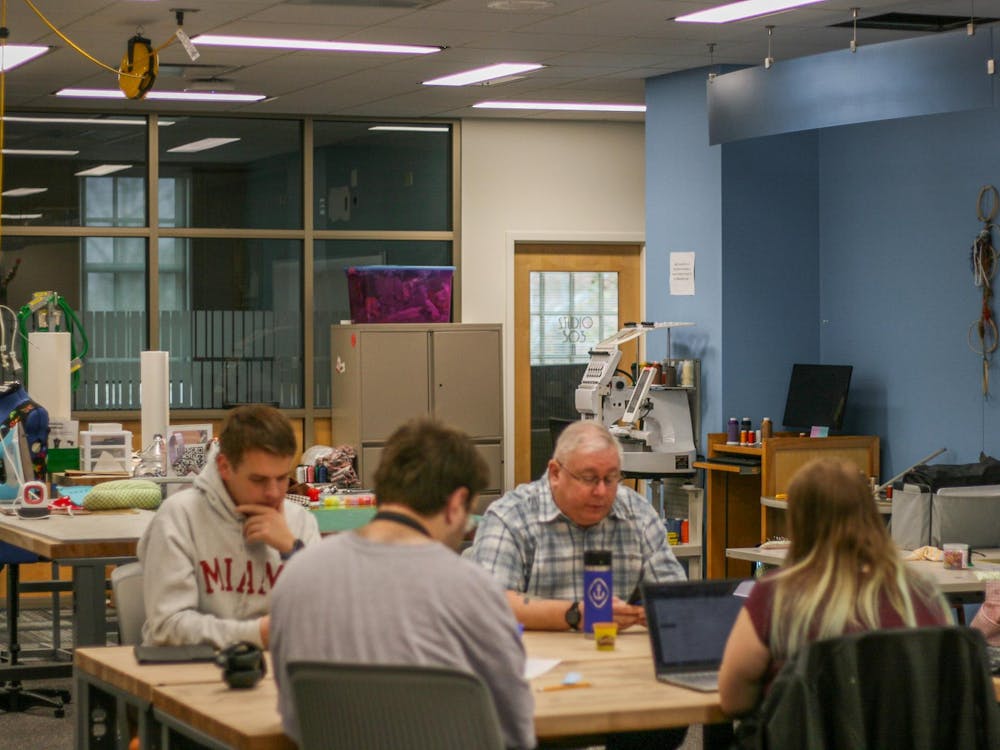 Students using the Makerspace in King Library for creative projects.