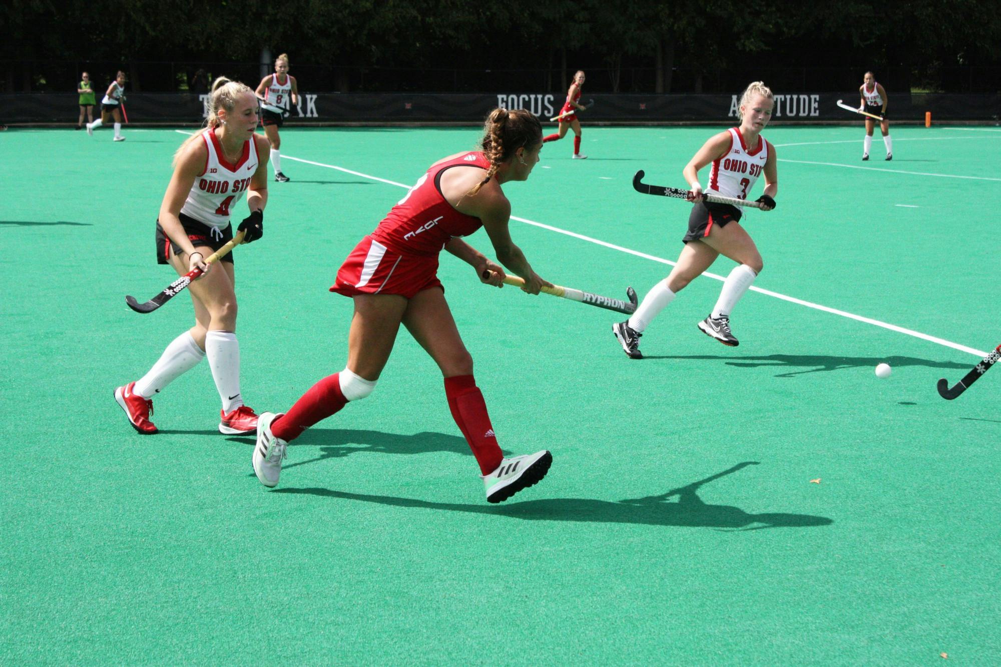 Junior striker Paula Pena centers a ball in Miami&#x27;s win over Ohio State﻿