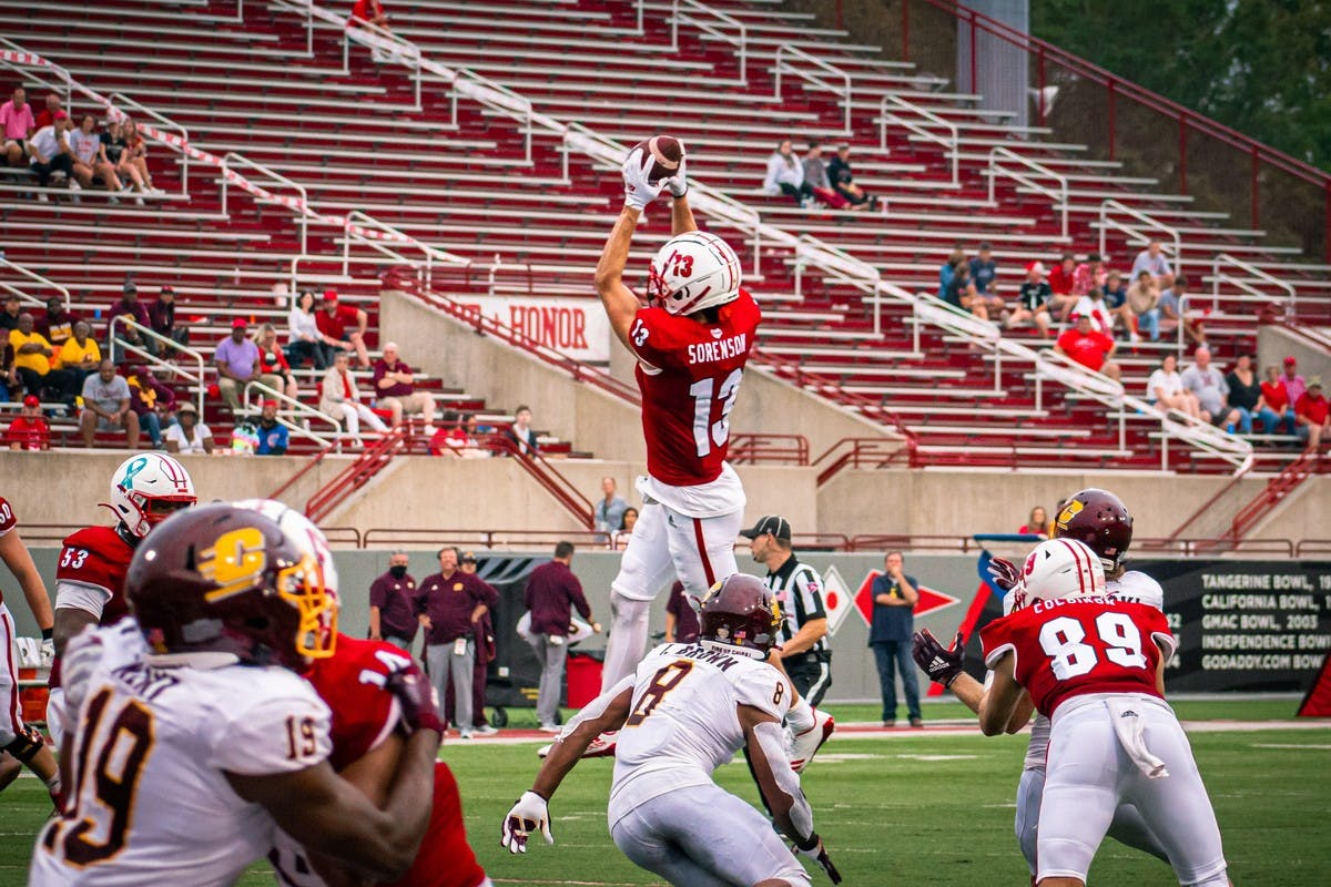 Sixth-year senior wide receiver Jack Sorenson jumps for a catch during an Oct. 2 win vs. Central Michigan. Sorenson ran the ball into the end zone to put Miami ahead 28-17.