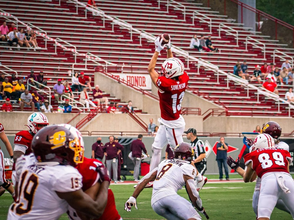 Sixth-year senior wide receiver Jack Sorenson jumps for a catch during an Oct. 2 win vs. Central Michigan. Sorenson ran the ball into the end zone to put Miami ahead 28-17.