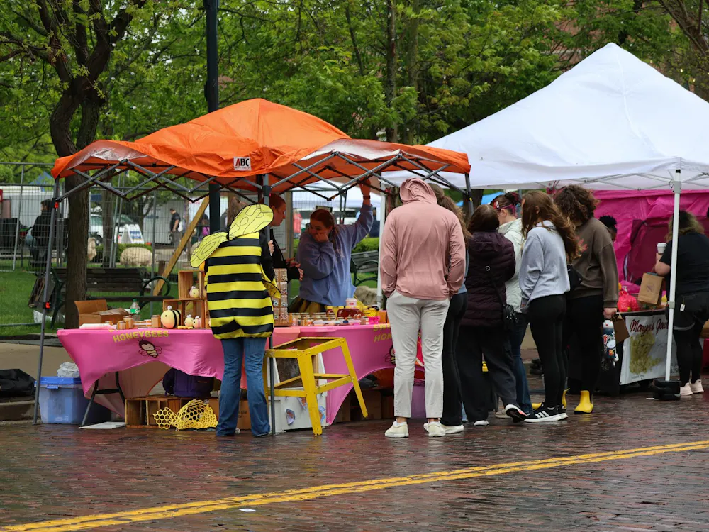 People stand by the honeybee booth during the Bee Festival.