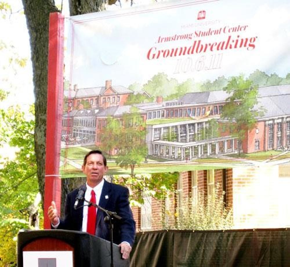 Miami University President David Hodge addresses the crowd at Thursday’s groundbreaking ceremony for the Armstrong Student Center, which is scheduled to open in 2013.