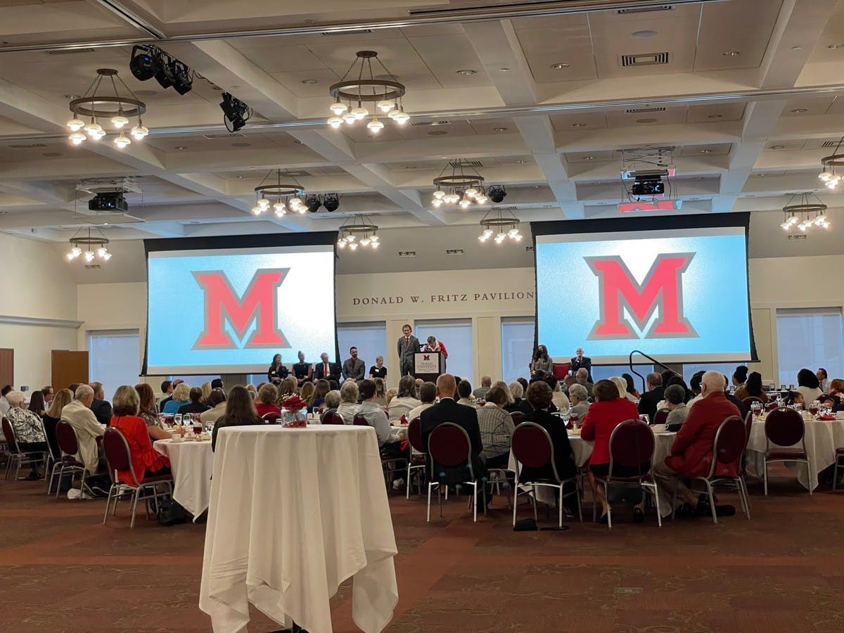 Hall of Fame inductee Nancy Sturgeon (&#x27;52) gives a speech during the ceremony.