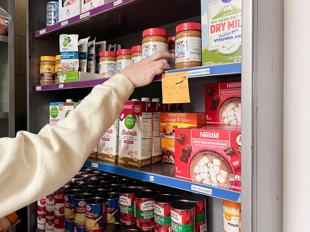 Reagan Morrow organizes food in the Phillips Hall food pantry.