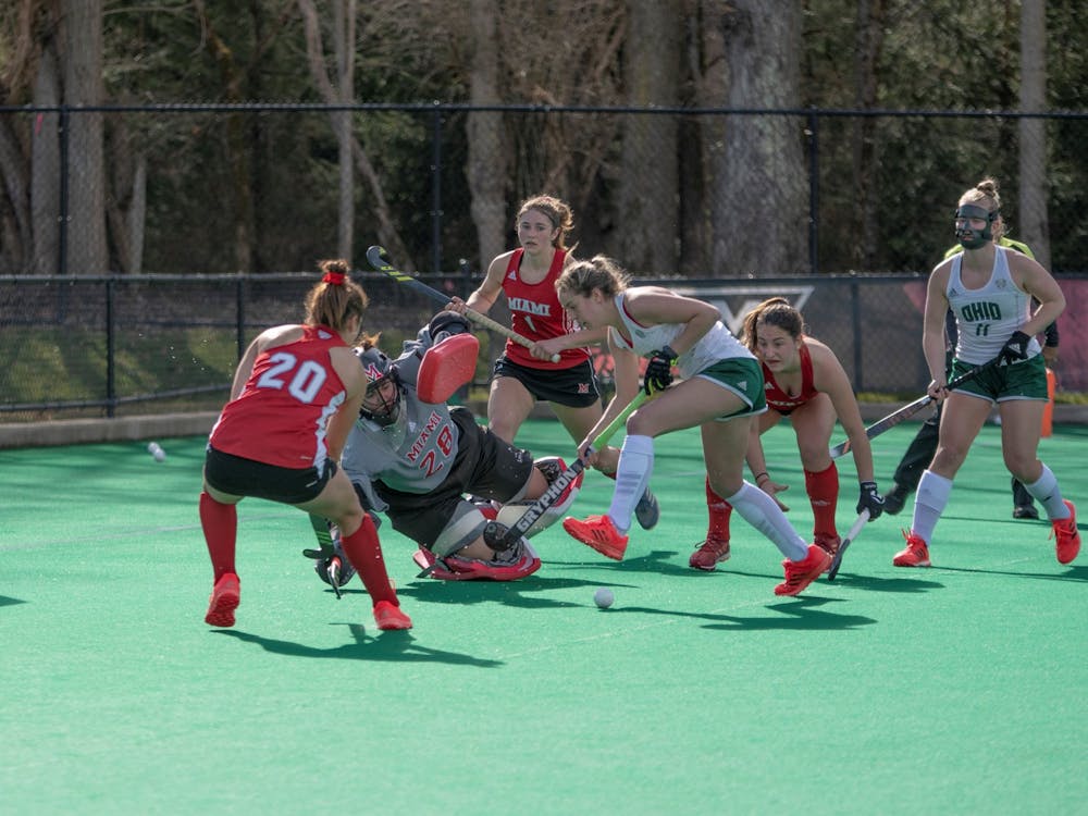 Junior goalkeeper Isabelle Pareese (pictured, No. 28) defends a shot during a Spring 2021 match vs. Ohio University. 