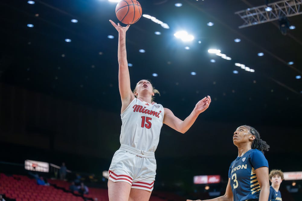 Sophomore forward Amber Tretter going for a layup against Akron on Jan. 22 at Millett Hall