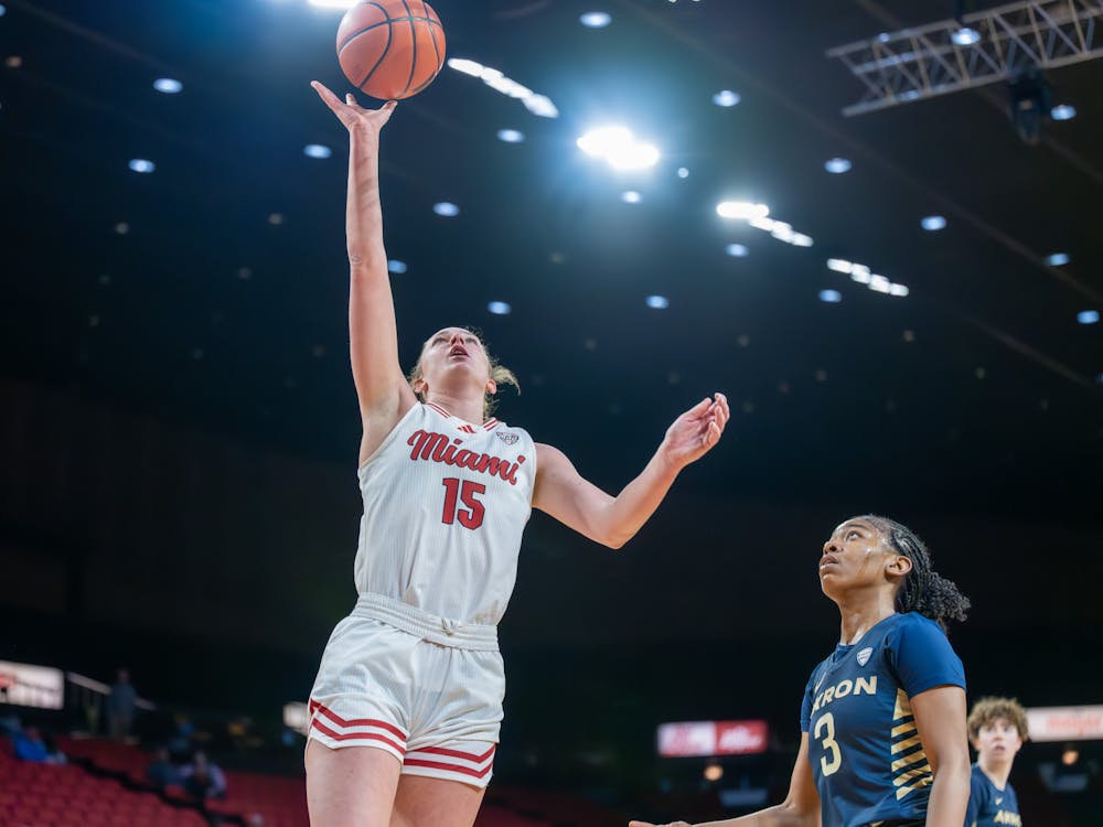 Sophomore forward Amber Tretter going for a layup against Akron on Jan. 22 at Millett Hall
