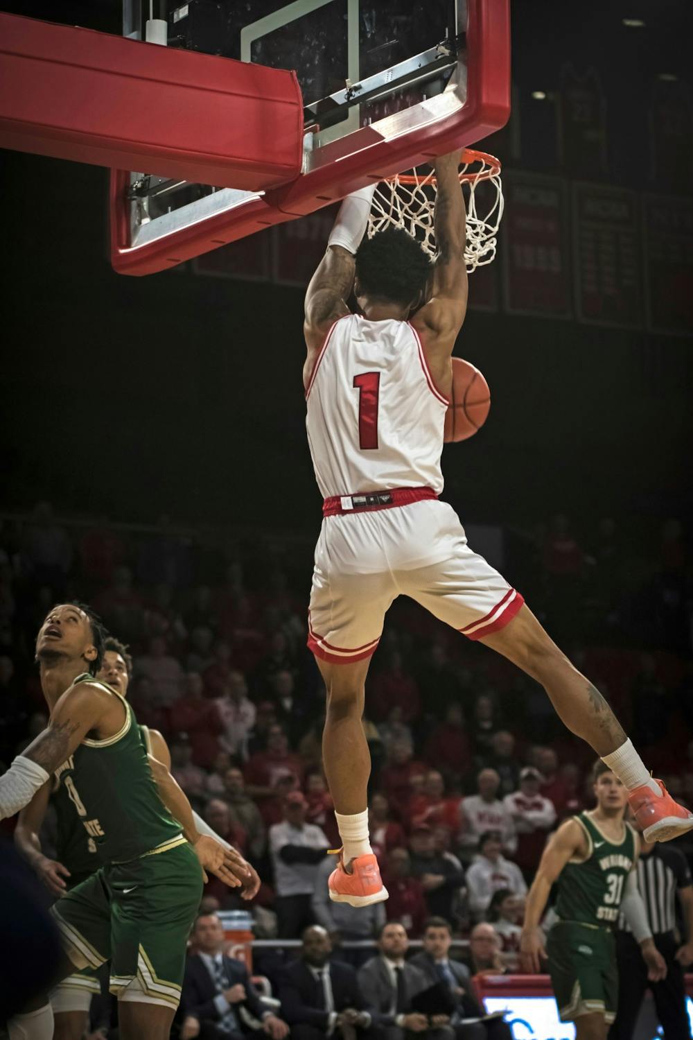 Junior guard Nike Sibande dunks an alley-oop pass for Miami&#x27;s first points of the 2019-2020 season on Nov. 9 at Millett Hall. Sibande, who flirted with the National Basketball Association in the offseason, scored 24 points in the RedHawks&#x27; 88-81 loss to Wright State.