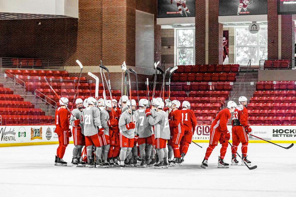 Miami Hockey team practices in Goggin Ice Center. 