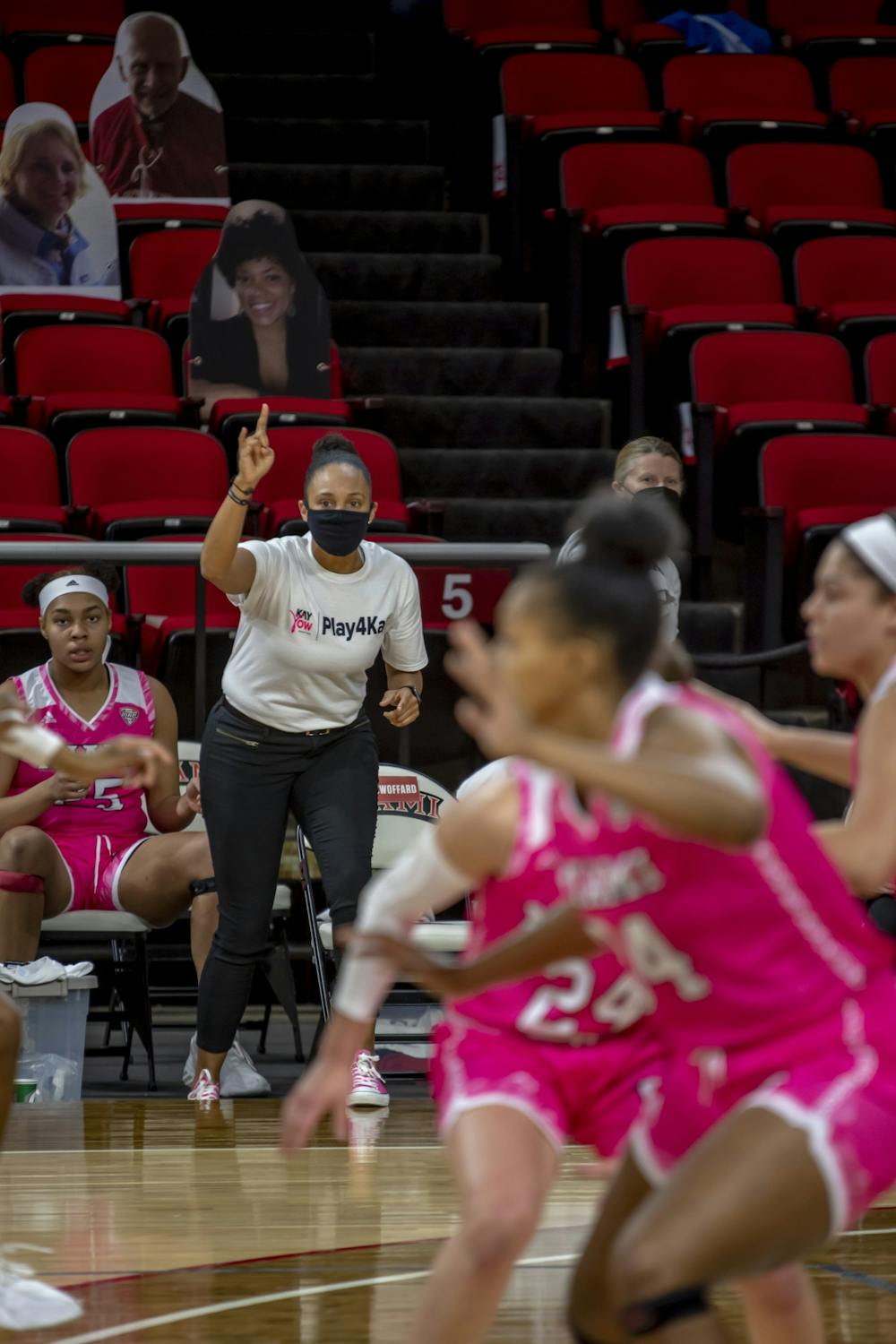 Women&#x27;s basketball assistant coach Tiffany Swoffard (pictured, in white) has had to adapt her recruiting efforts during the COVID-19 pandemic.