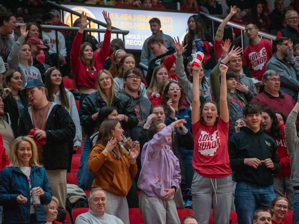 Miami fans celebrating the RedHawks' win over Ball State on March 7