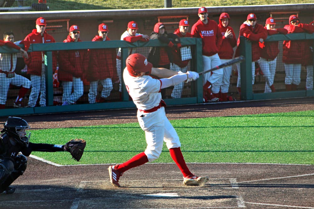 <p>Senior Landon Stephens swings during a 7-3 Miami victory over Purdue Fort Wayne Saturday at Hayden Park. </p>