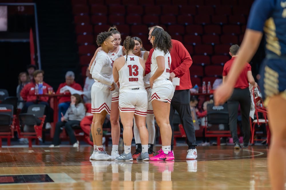 The RedHawks in a huddle at Millett Hall on Jan. 22