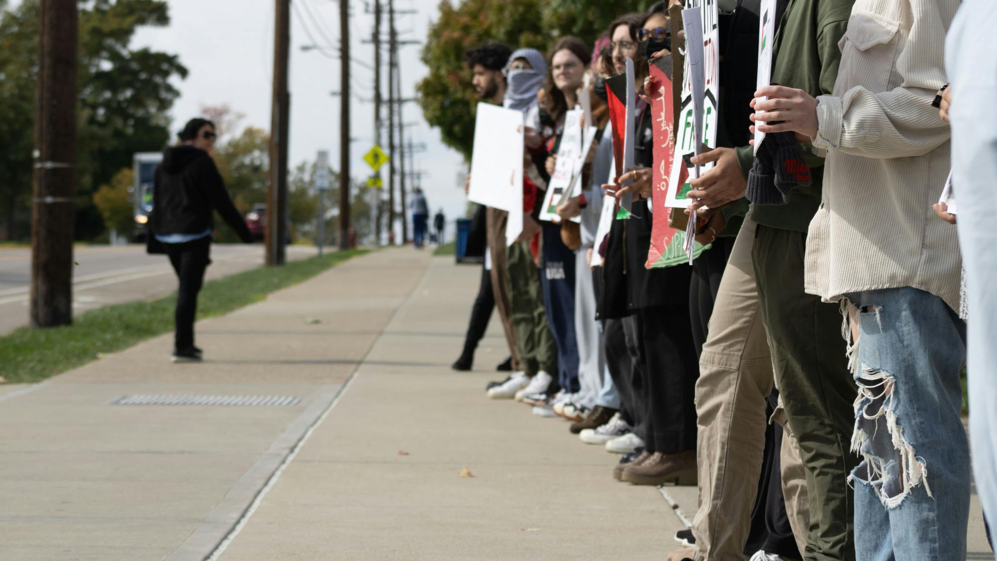 Students lined across Spring Street for the protest.