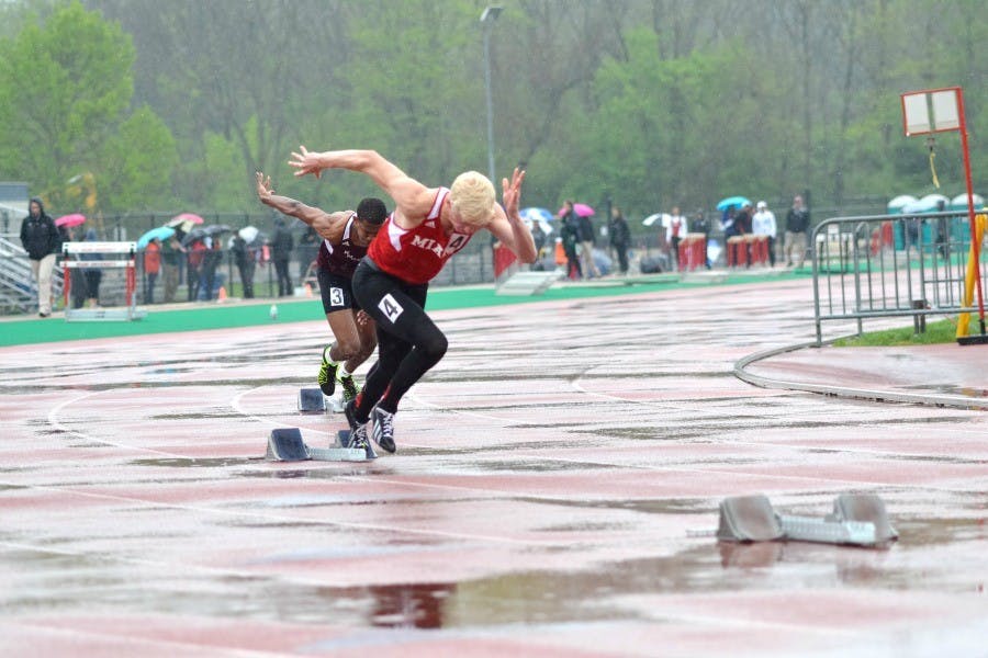 A Miami sprinter bursts out of the blocks at George L. Rider Track in Oxford