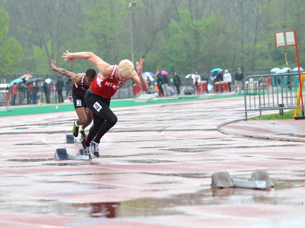 A Miami sprinter bursts out of the blocks at George L. Rider Track in Oxford