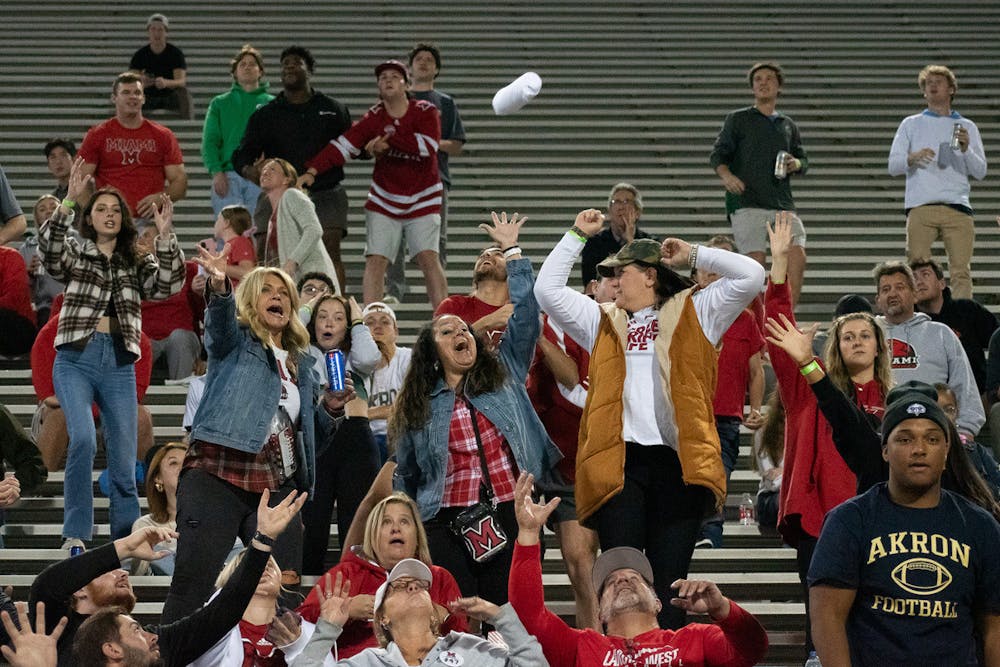 <p>Fans at a Miami football game struggle to fill the stands at Yager Stadium</p>