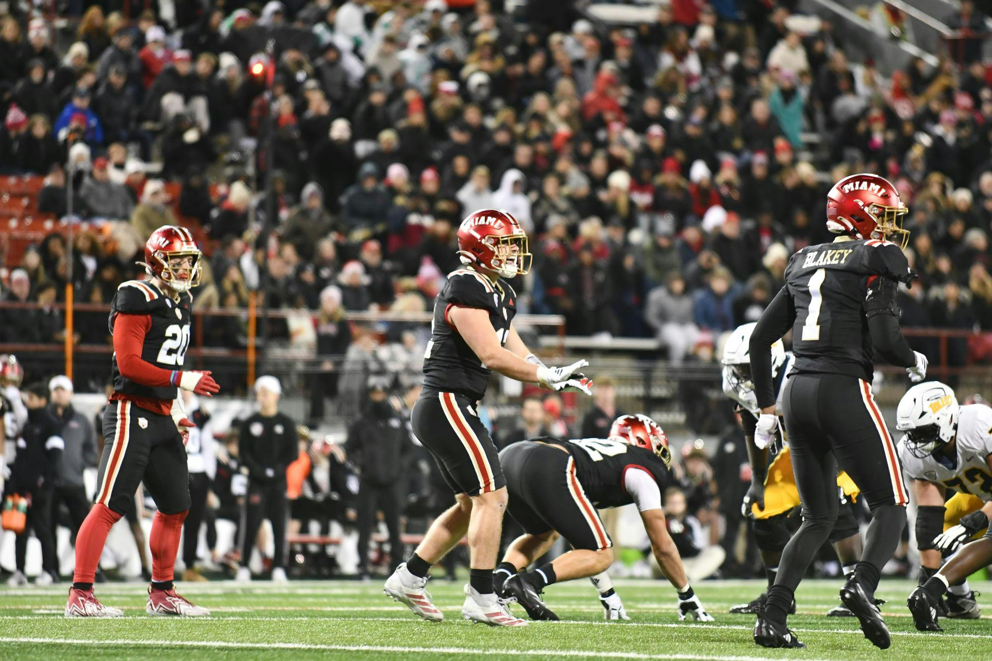 Redshirt senior linebacker Corban Hondru calls to the Miami defense against Toledo at Yager Stadium on Nov. 11