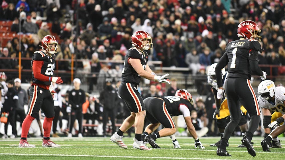 Redshirt senior linebacker Corban Hondru calls to the Miami defense against Toledo at Yager Stadium on Nov. 11