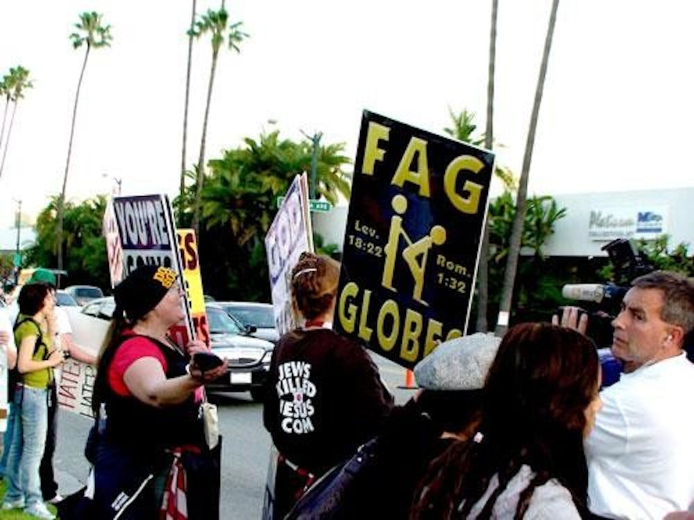 Protestors from the Westboro Baptist Church have garnered national attention with their picketing of soldiers’ funerals and events like the Golden Globes, where the above photo was taken.  A spokeswoman for the church will be visiting Miami in October to speak to students about the church and its beliefs.