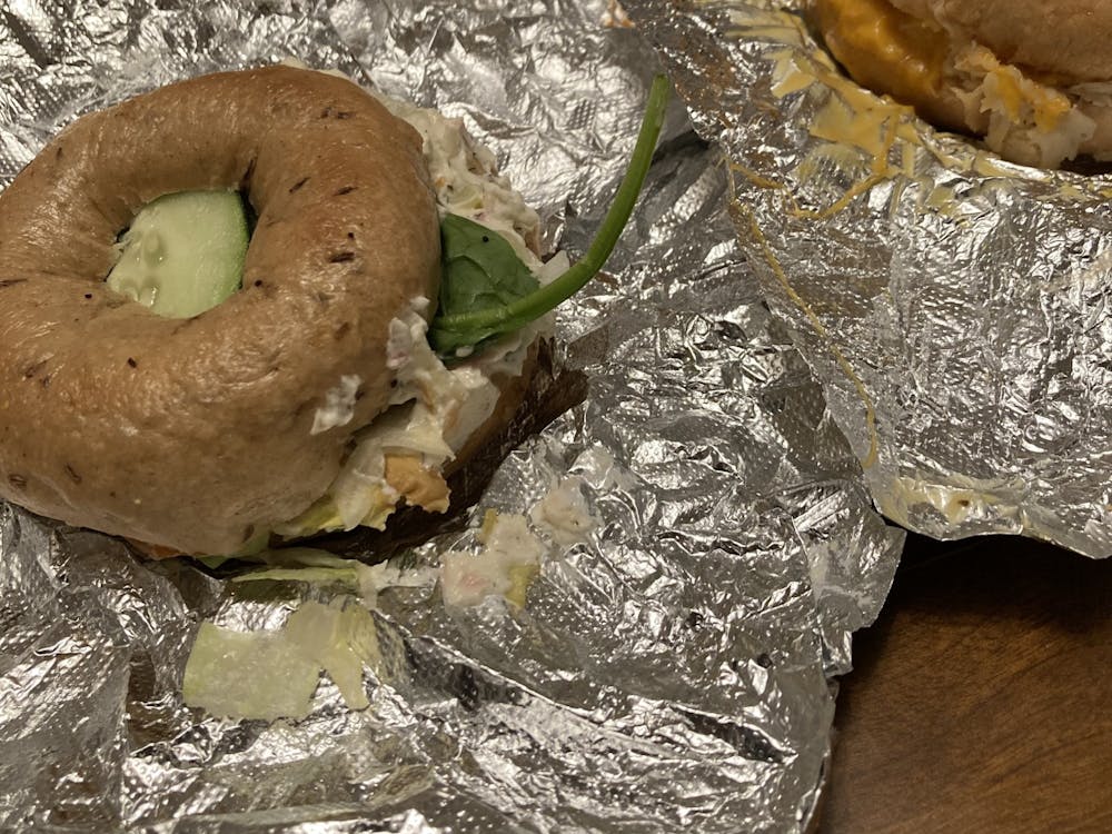 Food Editor Ames Radwan enjoys eating Bagel & Deli. Pictured are B&D’s “Salty Hor” (bottom right), “Kim’s Veggie Pizza” (top center) and “Earth Day” (bottom left) bagels.