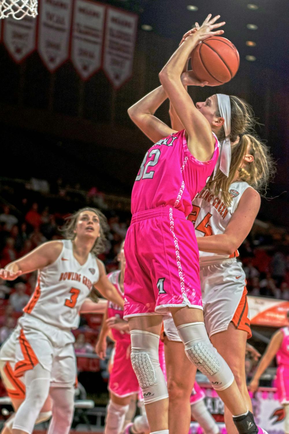 Savannah Kluesner attempts a layup during Miami&#x27;s 75-62 victory over the Bowling Green Falcons Feb. 23, 2019, at Millett Hall. Kluesner posted an 11-point, 14-rebound double-double.