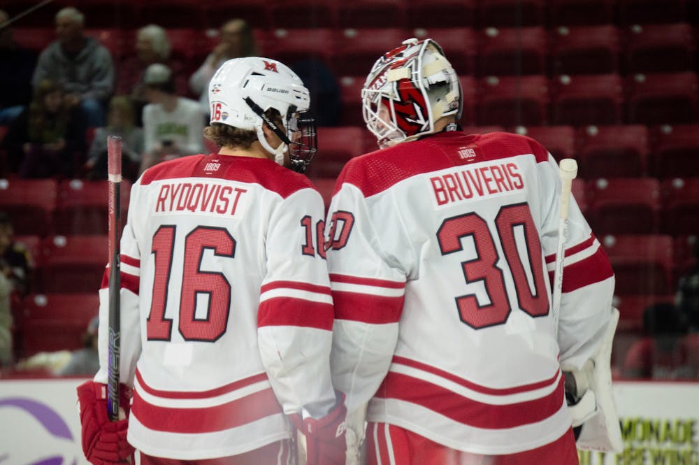 Hampus Rydqvist and Bruno Bruveris on the ice at Goggin Ice Center on Oct. 12