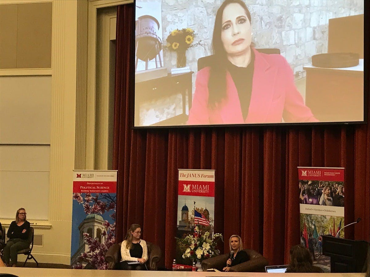 Due to inclement weather in Kansas, Grisham joined the debate via Zoom.
