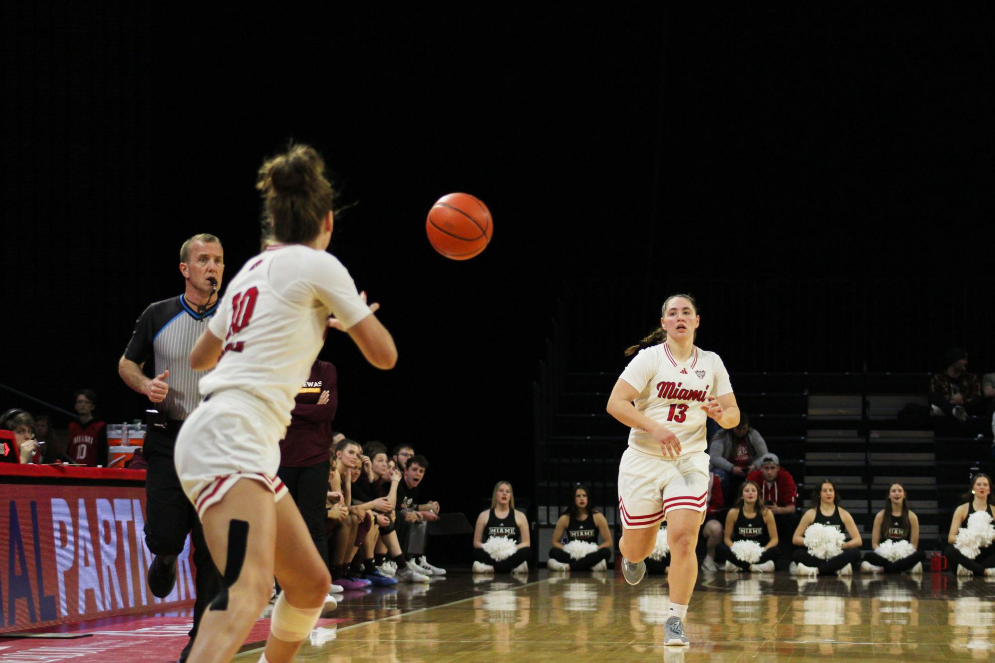 Graduate student guard Maya Chandler passes the ball to first-year guard Tamar Singer during game against Central Michigan at Millett Hall on March 5
