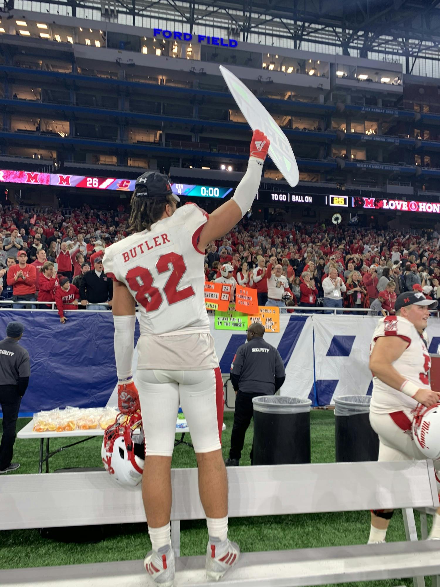 Sophomore defensive lineman Kam Butler celebrates Miami&#x27;s Mid-American Conference Championship game victory Dec. 7 at Ford Field.