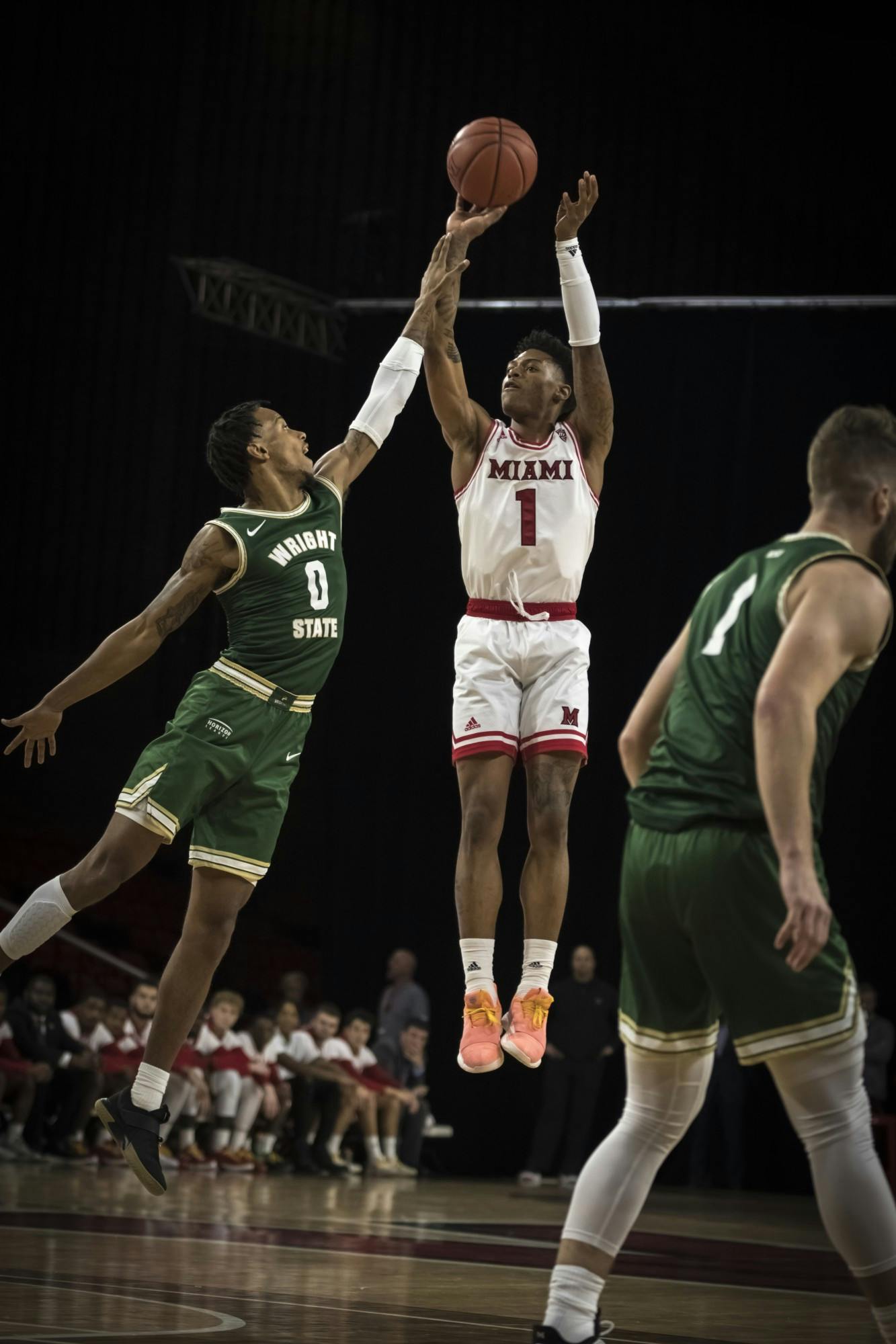 Junior guard Nike Sibande shoots a jumper against Wright State on Nov. 9, 2019, at Millett Hall. Miami lost the game, 88-81, but Sibande scored 24 points.