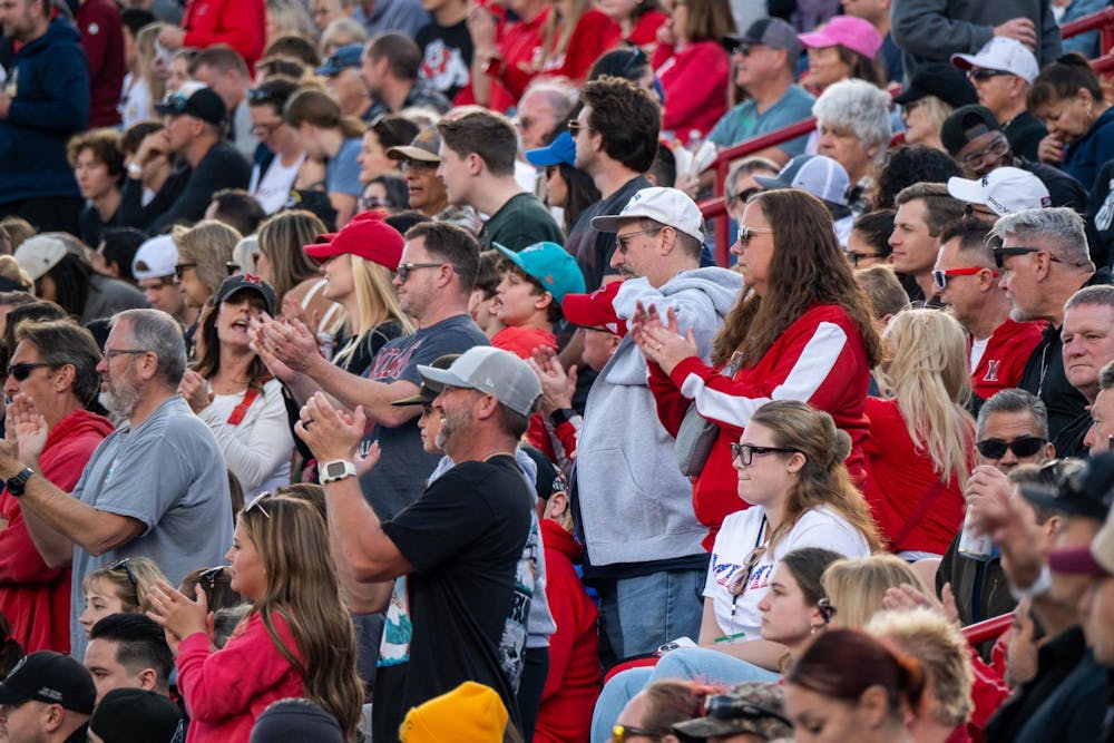 Parents of the Miami University marching band, cheer team, Shakerettes and football team line the stands at the Snoop Dogg Arizona Bowl game in Tucson, Arizona, on Dec. 27.