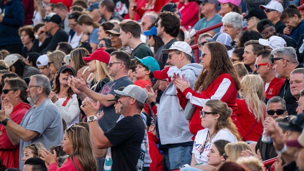 Parents of the Miami University marching band, cheer team, Shakerettes and football team line the stands at the Snoop Dogg Arizona Bowl game in Tucson, Arizona, on Dec. 27.