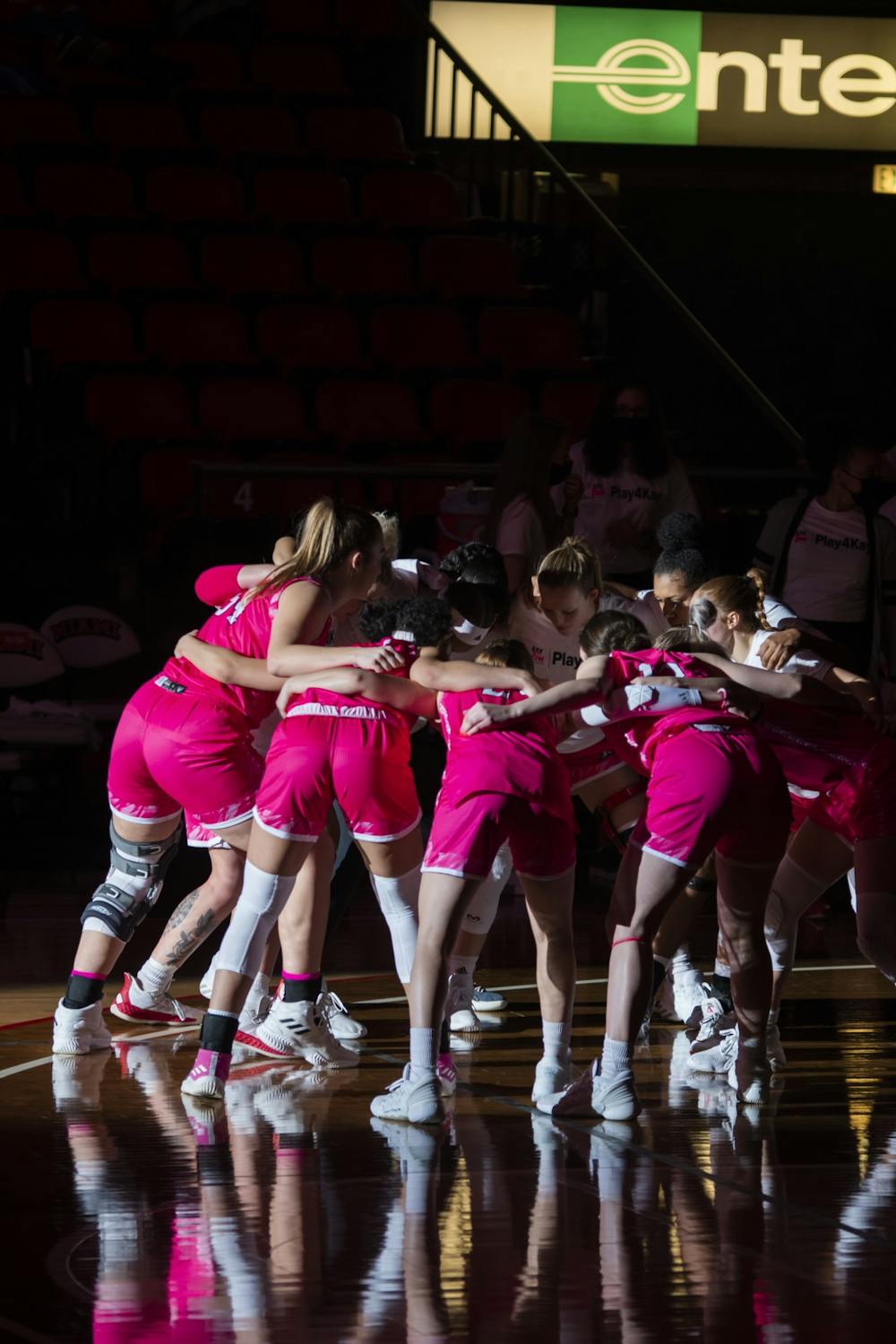 The women&#x27;s basketball team huddles up before its game against Western Michigan. The game ended with the RedHawks breaking a 13-game losing streak.